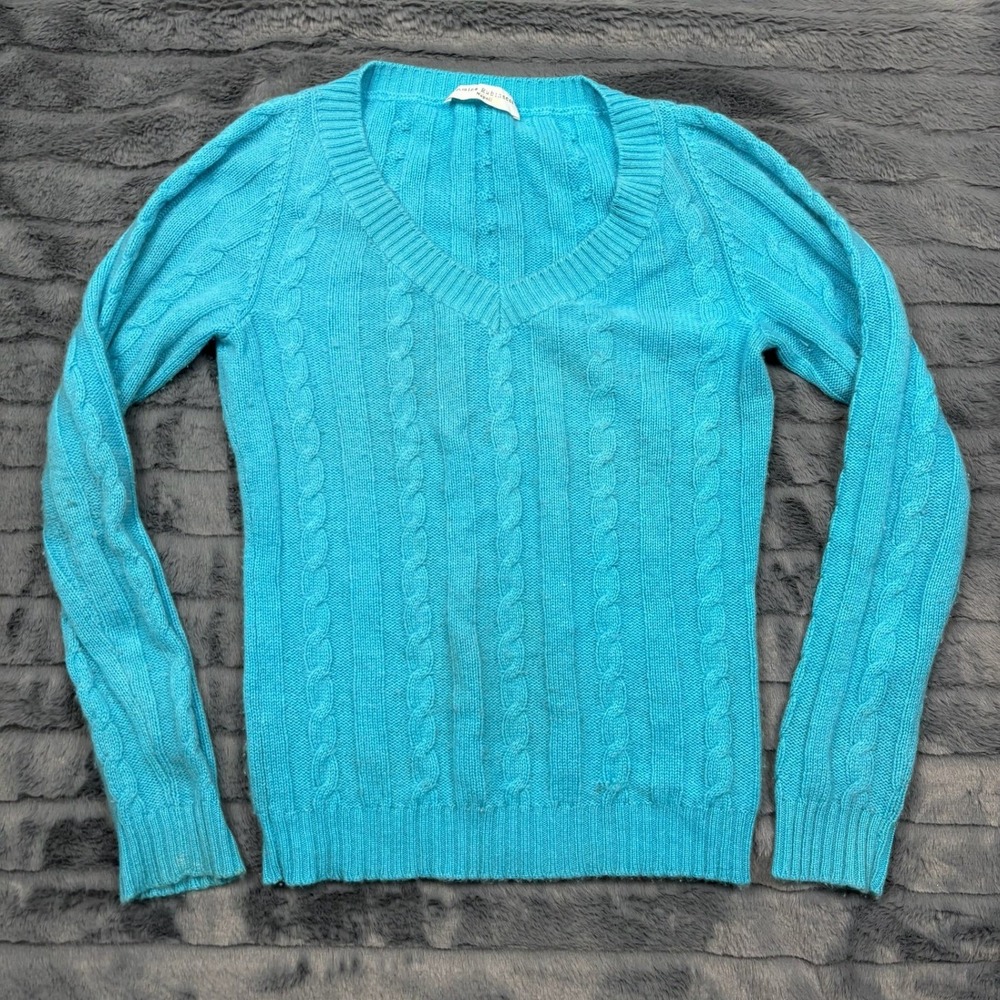 Amina Rubinacci Napoli 100% Cashmere Cable Knit V-Neck Sweater Turquoise Blue S